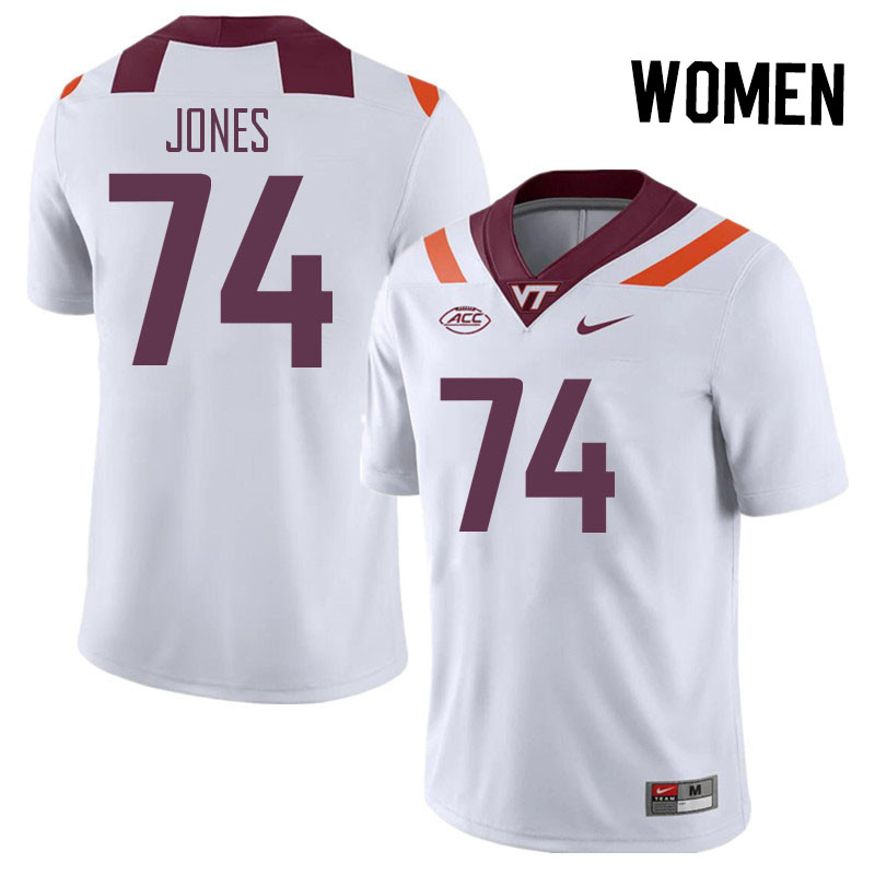 Women #74 William Jones Virginia Tech Hokies College Football Jerseys Stitched Sale-White - Click Image to Close